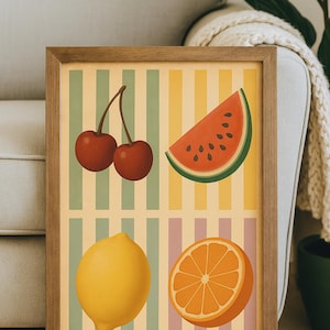 Fruit Wall Art, Vintage Fruit Poster, Digital Download Kitchen Print, Retro Orange Cherry Lemon Decor, Aesthetic Food Art for Gallery Wall