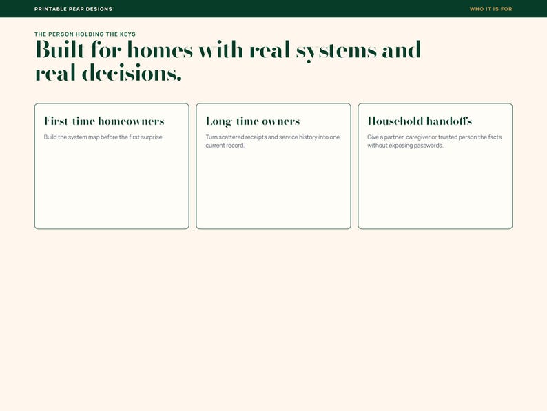 Puede incluir: Un gr&aacute;fico digital con fondo crema y texto verde oscuro. El encabezado dice Printable Pear Designs y The person holding the keys. El t&iacute;tulo principal es Built for homes with real systems and real decisions. Tres cuadros describen las categor&iacute;as: First time homeowners, Long time owners y Household handoffs, cada una con una breve descripci&oacute;n de su prop&oacute;sito.