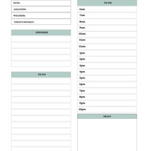 Puede incluir: Una p&aacute;gina de planificador Daily Itinerary con un encabezado, secciones para fecha, ubicaci&oacute;n, clima y presupuesto, una lista de gastos, una lista de tareas con espacios horarios de 6am a 10pm y una secci&oacute;n para comidas con acentos verdes.