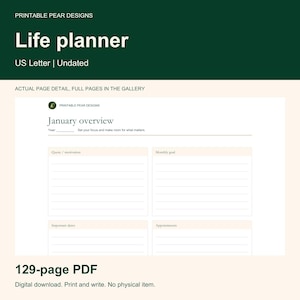May include: A digital life planner template in US Letter size featuring a January overview page. The layout includes sections for quote or motivation, monthly goal, important dates, and appointments with lined spaces for writing text.