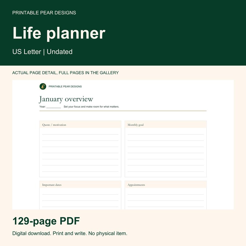 May include: A digital life planner template in US Letter size featuring a January overview page. The layout includes sections for quote or motivation, monthly goal, important dates, and appointments with lined spaces for writing text.