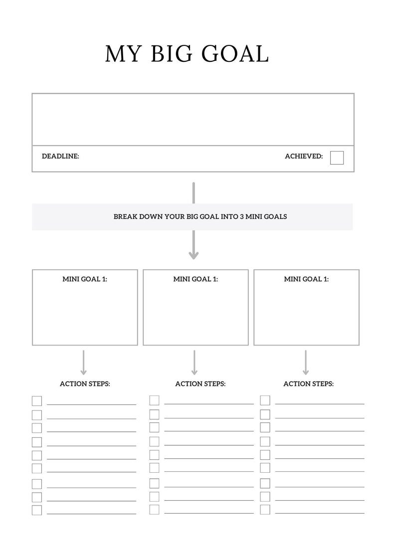 May include: A printable goal-setting worksheet with a black and white design. The worksheet includes a section for a big goal, a deadline, and a checkbox to mark the goal as achieved. The worksheet also includes three sections for mini goals, each with a section for action steps.