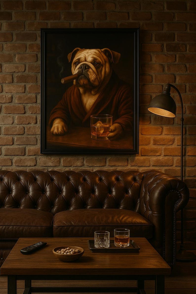 May include: A framed painting of a bulldog in a robe, smoking a cigar and holding a glass of whiskey. The painting hangs above a brown leather sofa. A wooden coffee table holds glasses and snacks.