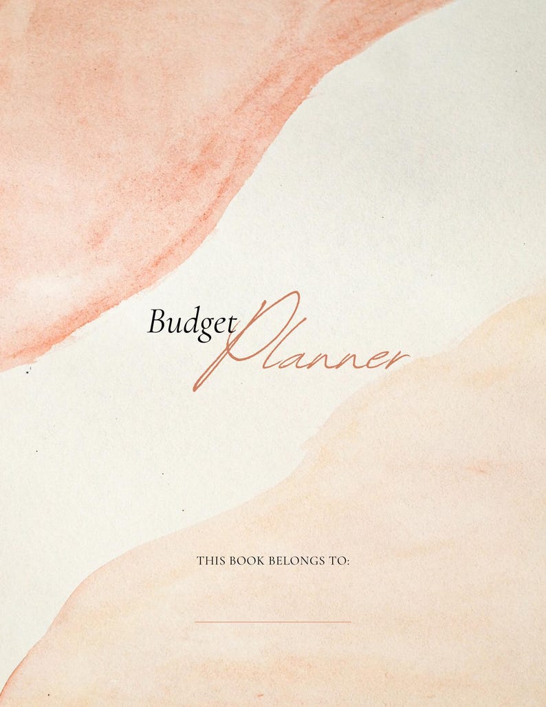Actual Budget Planner cover from the included PDF. Peach and cream watercolor shapes surround the title Budget Planner and a line labeled This book belongs to.