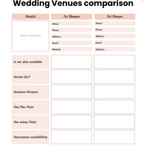 May include: A wedding venue comparison planner sheet with a pale pink floral border. The document features a table with columns for 1st Venues and 2nd Venues, including fields for name, phone, address, email, website, date availability, fees, and pros and cons.