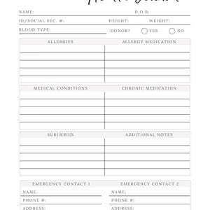 Op de afbeelding: Een printbaar gezondheidsjournaal met secties voor persoonlijke informatie, allergie&euml;n, medische aandoeningen, operaties, noodcontacten en extra notities.