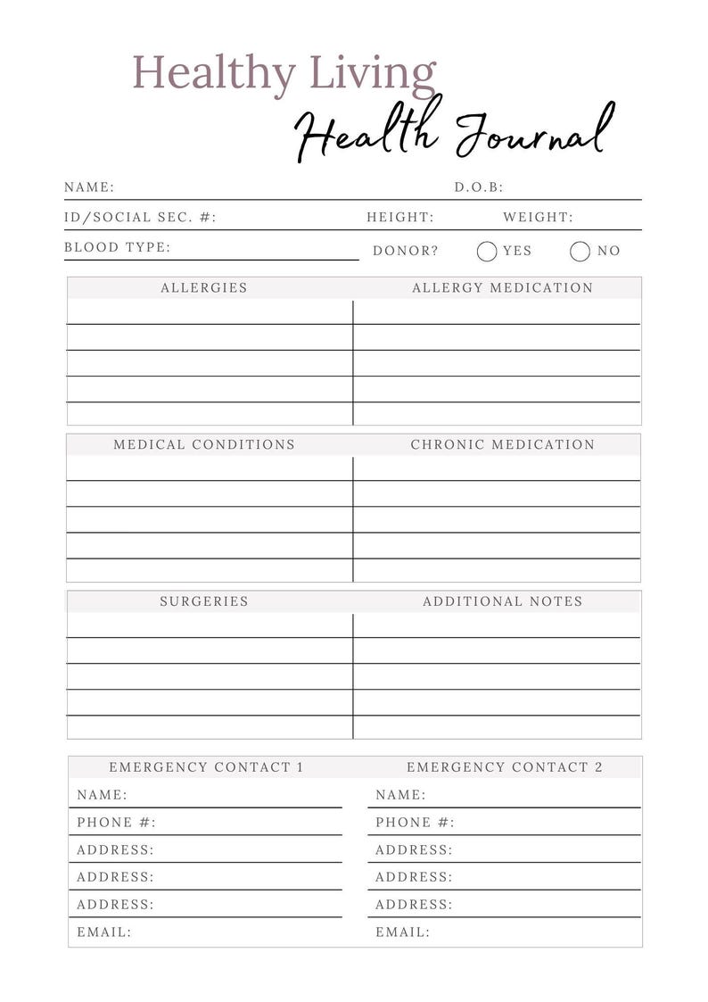 Op de afbeelding: Een printbaar gezondheidsjournaal met secties voor persoonlijke informatie, allergie&euml;n, medische aandoeningen, operaties, noodcontacten en extra notities.