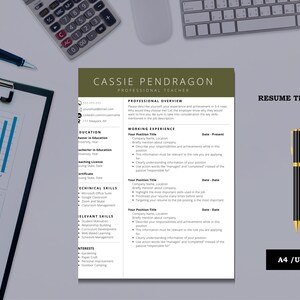 May include: A green and white resume template with the name "Cassie Pendragon" at the top. The template includes sections for professional overview, education, working experience, technical skills, relevant skills, interests, and a resume template note at the bottom.
