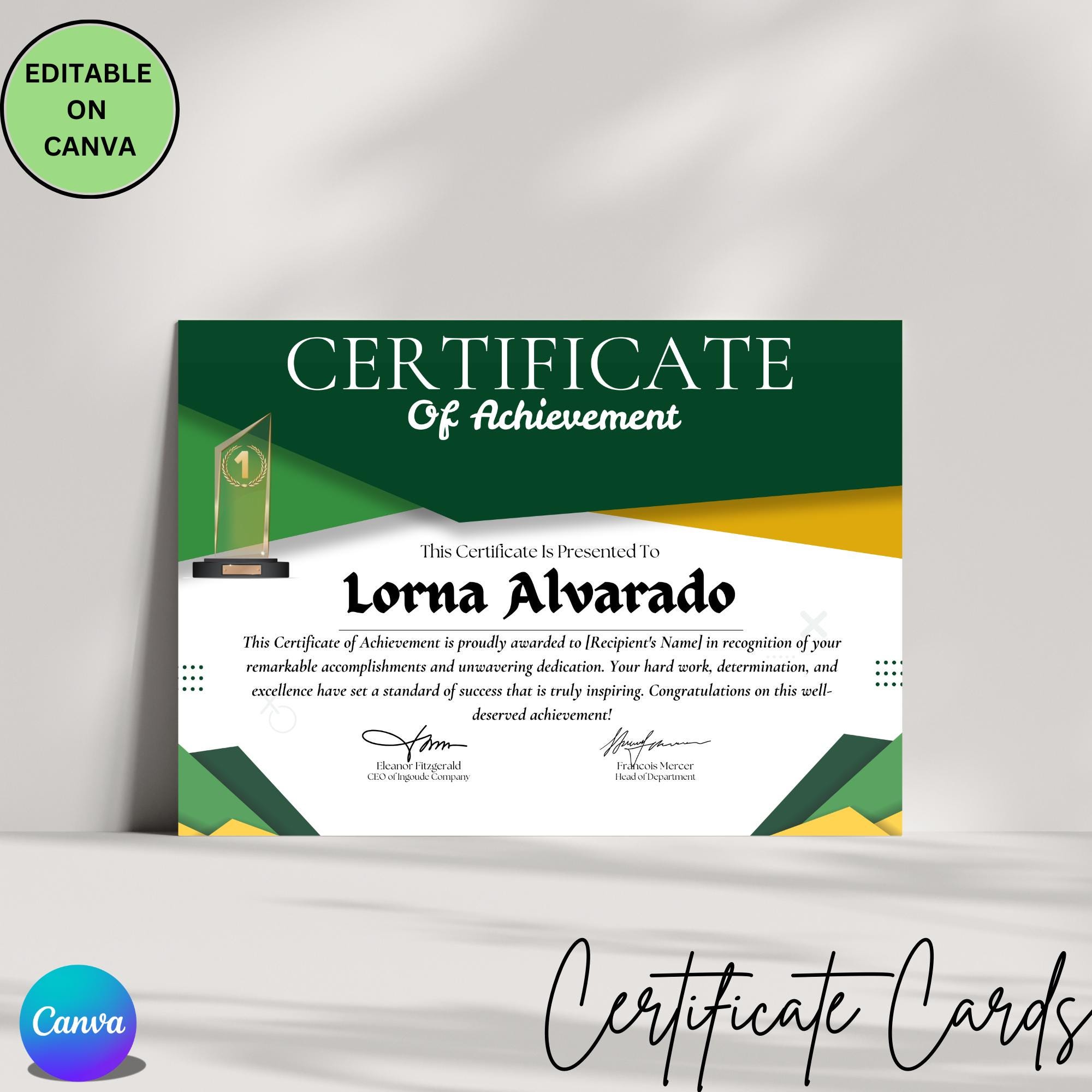 Achievement Certificate, Editable Canva Template, Premium Content Required listing preview