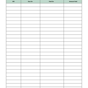 Actual Bill Tracker worksheet from the included PDF. A mint header row labels four columns: Bill, Due On, Paid On, and Amount Paid. Blank rows provide space to record bills and payments.