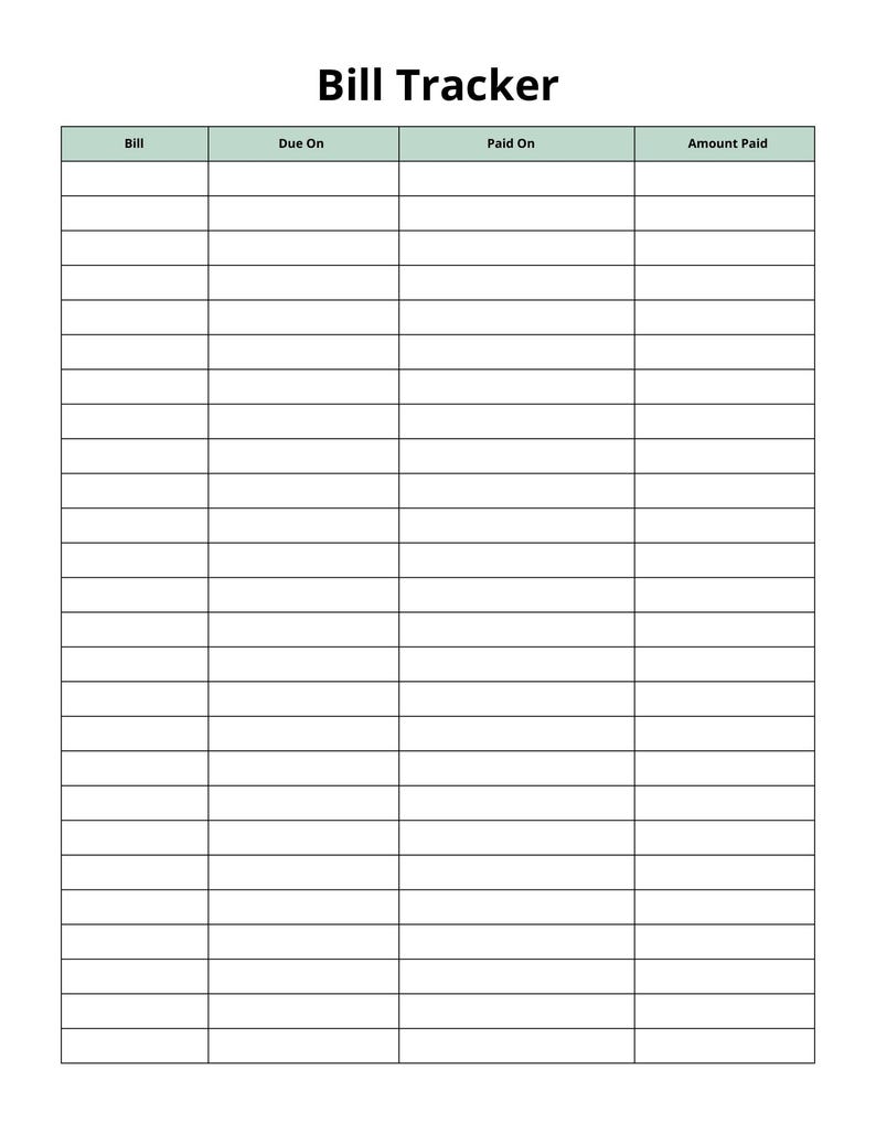 Actual Bill Tracker worksheet from the included PDF. A mint header row labels four columns: Bill, Due On, Paid On, and Amount Paid. Blank rows provide space to record bills and payments.