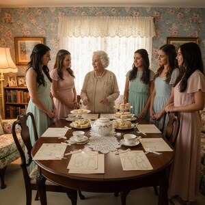 May include: A gathering of women around a table set for tea. The table is laden with pastries, a teapot, and teacups. The women are dressed in pastel-colored dresses. The room has floral wallpaper and a vintage aesthetic.