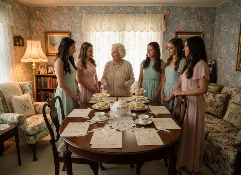 May include: A gathering of women around a table set for tea. The table is laden with pastries, a teapot, and teacups. The women are dressed in pastel-colored dresses. The room has floral wallpaper and a vintage aesthetic.