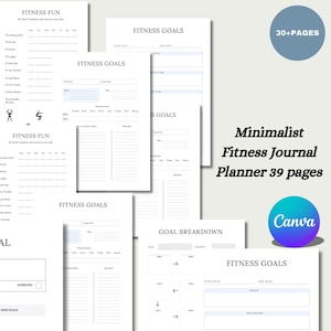 May include: A printable fitness journal planner with 39 pages. The planner includes sections for fitness goals, goal breakdowns, and fitness fun. The planner is designed to help you track your progress and stay motivated.
