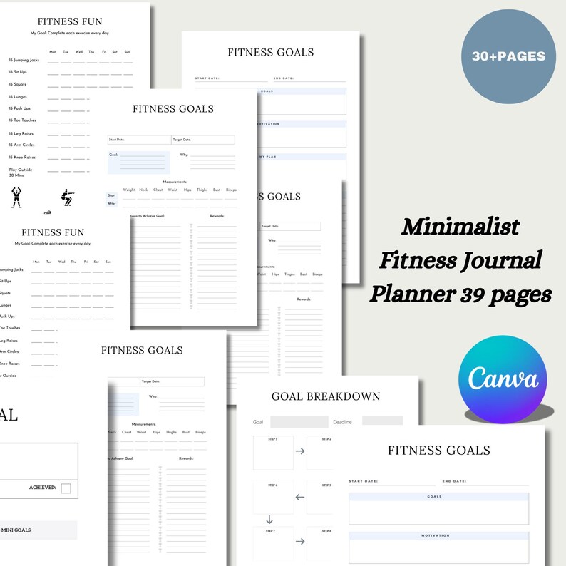 May include: A printable fitness journal planner with 39 pages. The planner includes sections for fitness goals, goal breakdowns, and fitness fun. The planner is designed to help you track your progress and stay motivated.