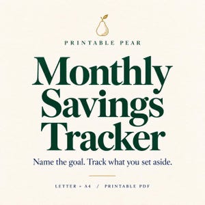 Printable Pear Monthly Savings Tracker cover in green on cream, with a pear illustration and the words Name the goal. Track what you set aside. Letter and A4 printable PDF.