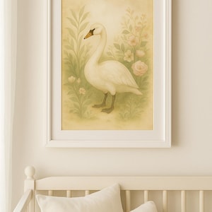 May include: A framed watercolour print of a white swan with a yellow beak, set amongst soft green foliage and pink flowers. The artwork is in a white frame, suitable for nursery or bedroom decor.