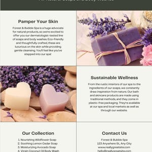 Pode incluir: Forest & Bubble Spa oferece sabonetes e géis de banho totalmente naturais. A imagem mostra uma barra de sabonete roxa envolvida em barbante e flores de lavanda, um sabonete rosa em forma de coração e um sabonete verde em forma de coração. O texto "Pamper Your Skin" e "Sustainable Wellness" é visível.