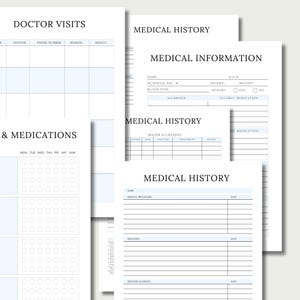 May include: Printable medical history forms with sections for doctor visits, medications, major illnesses, and allergies. The forms are designed to help you keep track of your medical information.