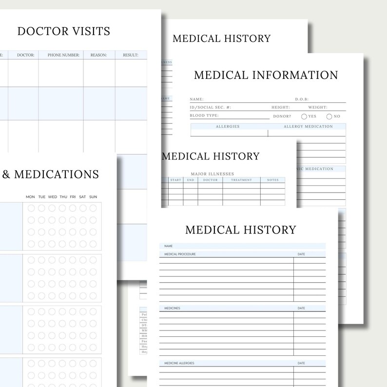 May include: Printable medical history forms with sections for doctor visits, medications, major illnesses, and allergies. The forms are designed to help you keep track of your medical information.