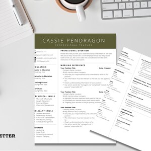 May include: A green and white resume template with the name "Cassie Pendragon" at the top. The resume includes sections for professional overview, working experience, education, technical skills, relevant skills, and interests.
