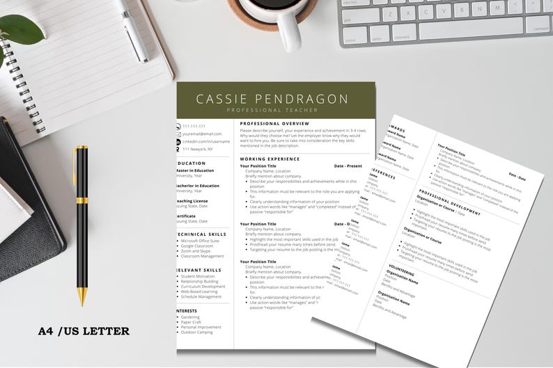 May include: A green and white resume template with the name "Cassie Pendragon" at the top. The resume includes sections for professional overview, working experience, education, technical skills, relevant skills, and interests.