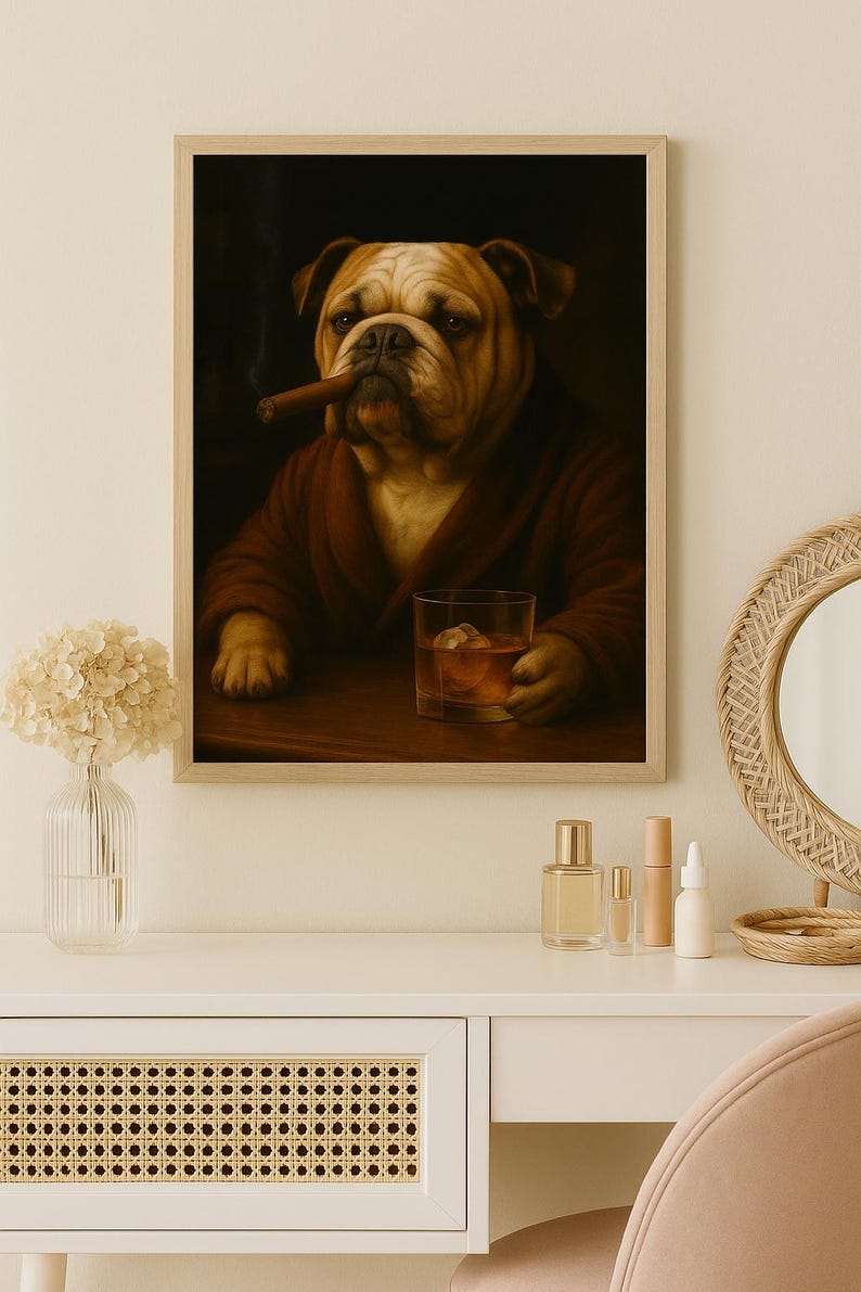 May include: Framed artwork featuring a bulldog in a brown robe, smoking a cigar, and holding a glass of whiskey with ice. The artwork has a dark background and is set on a wooden table. The image is a portrait style.