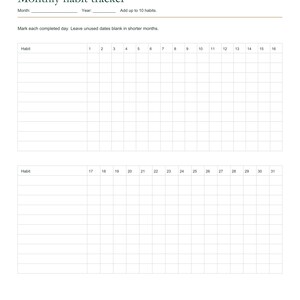 Pode incluir: Um modelo imprim&iacute;vel de rastreador de h&aacute;bitos mensais com um logotipo de pera e o texto Printable Pear Designs. O documento inclui campos para m&ecirc;s e ano, instru&ccedil;&otilde;es e duas se&ccedil;&otilde;es de grade numeradas de 1-16 e 17-31 para rastrear h&aacute;bitos.