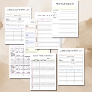 May include: A printable medical and health tracker planner with sections for emergency contact lists, family medical information, blood pressure tracking, and medical insurance details. The pages are white with black and pink lines.
