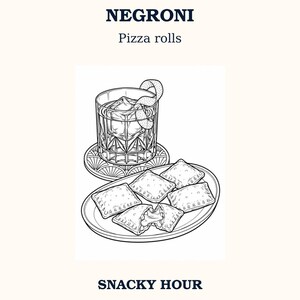 May include: A black and white line art illustration for an adult coloring book titled NEGRONI Pizza rolls SNACKY HOUR 64 pairings 21+. The image features a cocktail in a glass with a twist and a plate of five pizza rolls.