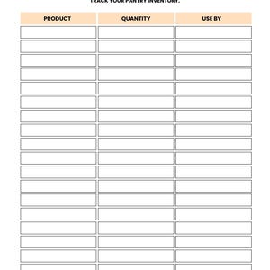 Actual Pantry Inventory worksheet with Product, Quantity and Use By columns above blank entry rows.