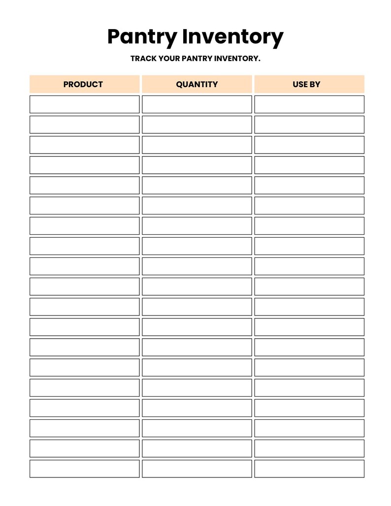 Actual Pantry Inventory worksheet with Product, Quantity and Use By columns above blank entry rows.
