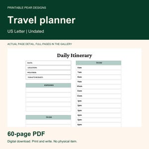 Puede incluir: Un planificador de viajes imprimible en tama&ntilde;o carta de EE. UU. que presenta una p&aacute;gina de itinerario diario. El dise&ntilde;o incluye secciones para fecha, ubicaci&oacute;n, clima, presupuesto, gastos y un horario de 6 a.m. a 6 p.m. con detalles en verde salvia.
