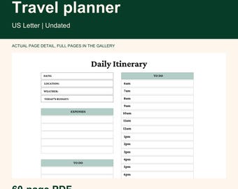 May include: A printable travel planner in US Letter size featuring a Daily Itinerary page. The layout includes sections for date, location, weather, budget, expenses, and a hourly schedule from 6am to 6pm. The design uses sage green accents.