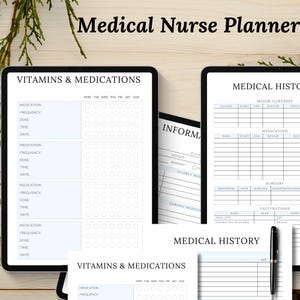 May include: A digital planner for nurses with sections for vitamins and medications, medical history, and information. The planner has a blue and white colour scheme and includes a calendar, medication log, and medical history tracker.