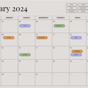 May include: A calendar for January 2024 with different coloured squares for each day. Each square has a number representing the day of the month. Some squares have text inside them, such as "POST", "STORY", "GIVEAWAY", "REEL", "SPONSOR", and "QUOTE".