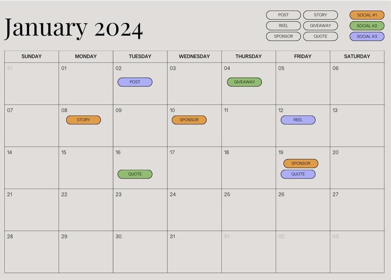 May include: A calendar for January 2024 with different coloured squares for each day. Each square has a number representing the day of the month. Some squares have text inside them, such as "POST", "STORY", "GIVEAWAY", "REEL", "SPONSOR", and "QUOTE".