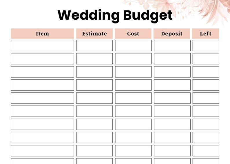 May include: A wedding budget planner template featuring the bold black text Wedding Budget at the top. The document includes a table with columns labeled Item, Estimate, Cost, Deposit, and Left, all highlighted with light pink headers.