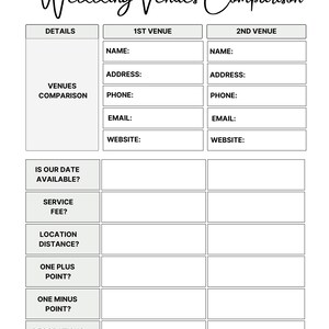 K&ouml;nnte beinhalten: Eine schwarz-wei&szlig;e Vergleichstabelle f&uuml;r Hochzeitslocations mit der &Uuml;berschrift Wedding Venues Comparison. Das Dokument enth&auml;lt Spalten f&uuml;r zwei Veranstaltungsorte mit Feldern f&uuml;r Name, Adresse, Telefon, E-Mail, Website und verschiedene Kriterien.