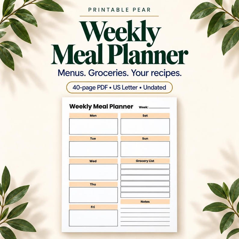 Printable Pear marketing graphic with green leaves on cream. Text reads Weekly Meal Planner; Menus. Groceries. Your recipes.; 40-page PDF, US Letter, Undated. A weekly planner mockup shows seven day boxes, a grocery list, notes and a blank week field.