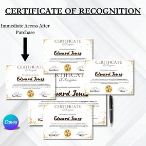 Certificate of Recognition presented to Edward Jones. It highlights his exceptional dedication, commitment, and achievements, celebrating his contributions. The certificate features a decorative border, a golden seal.