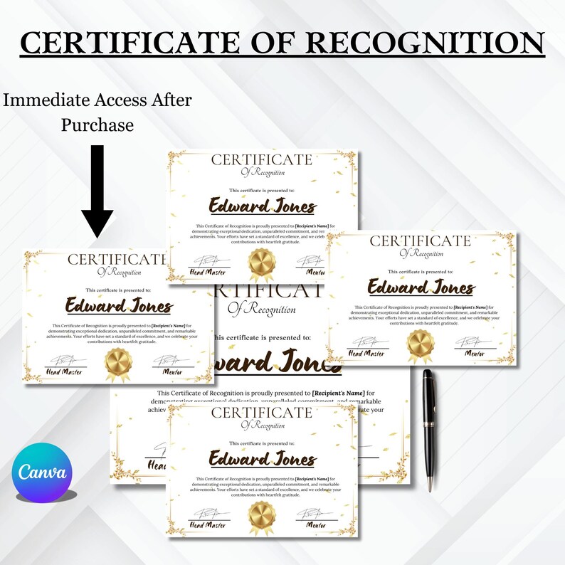Certificate of Recognition presented to Edward Jones. It highlights his exceptional dedication, commitment, and achievements, celebrating his contributions. The certificate features a decorative border, a golden seal.
