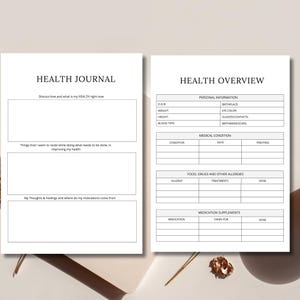 May include: A printable health journal and overview with sections for personal information, medical conditions, food and drug allergies, and medication supplements. The journal includes prompts for reflecting on health goals and motivations.