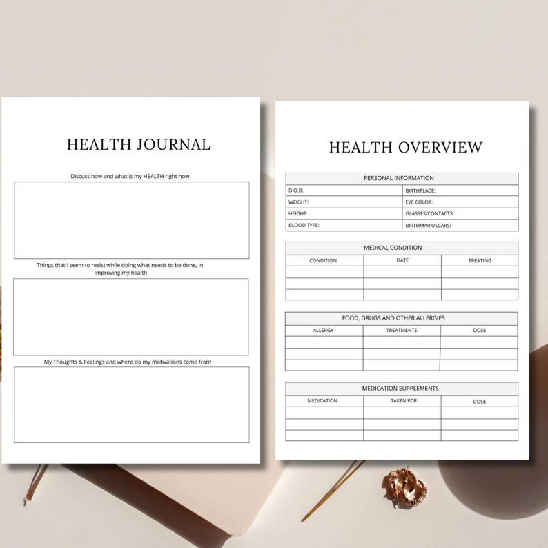 May include: A printable health journal and overview with sections for personal information, medical conditions, food and drug allergies, and medication supplements. The journal includes prompts for reflecting on health goals and motivations.