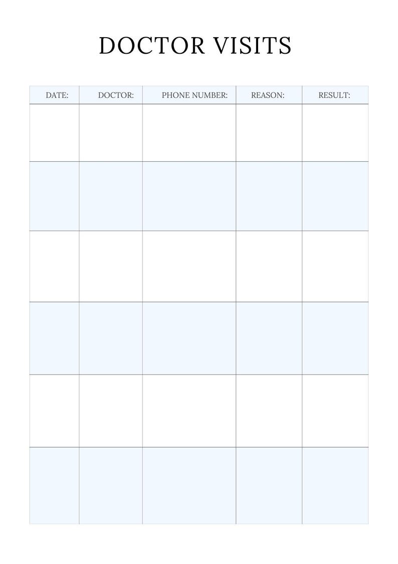 May include: A blank doctor's appointment log with columns for date, doctor, phone number, reason, and result.