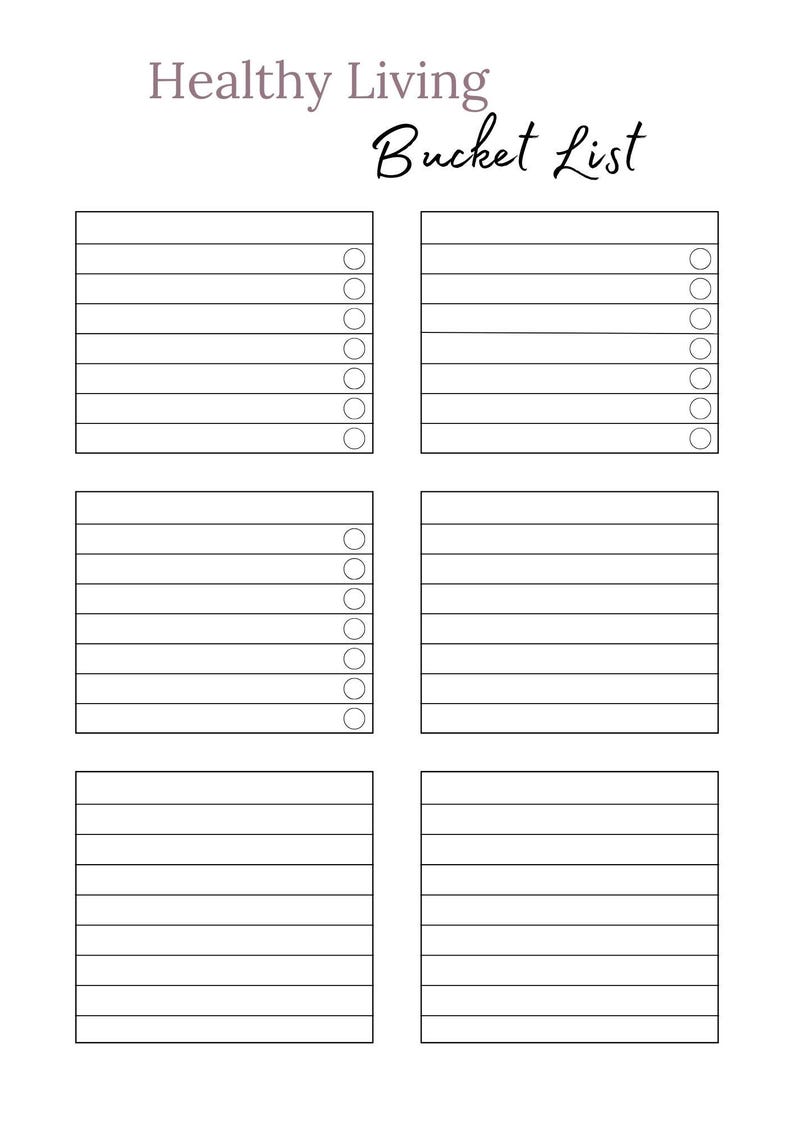 Op de afbeelding: Printbare checklist met de titel "Healthy Living Bucket List". De checklist heeft zes secties met geregelde ruimte om te schrijven en cirkels om items af te vinken.