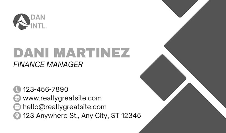 Contact-side business card design with a sample logo, Dani Martinez name, Finance Manager title and contact details beside dark geometric shapes.