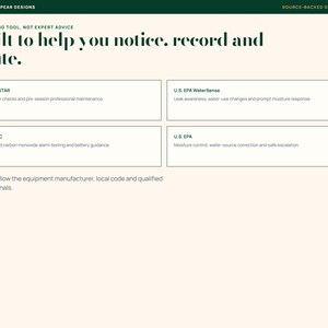 Puede incluir: Un cuadro informativo titulado Printable Pear Designs con el texto Built to help you notice, record and route. Incluye cuatro recuadros que detallan las directrices de Energy Star, U.S. EPA WaterSense, U.S. CPSC y U.S. EPA para el hogar.