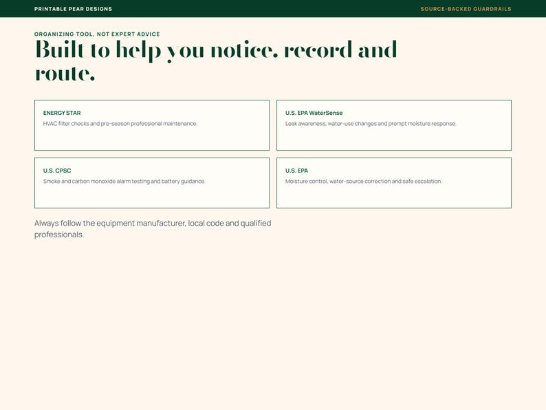 Puede incluir: Un cuadro informativo titulado Printable Pear Designs con el texto Built to help you notice, record and route. Incluye cuatro recuadros que detallan las directrices de Energy Star, U.S. EPA WaterSense, U.S. CPSC y U.S. EPA para el hogar.