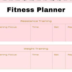 May include: A light pink fitness planner page featuring the bold black text Fitness Planner at the top. Below are two tables labelled Resistance Training and Weight Training, each with columns for Training Focus, Time, Set, and Rep in gold text.